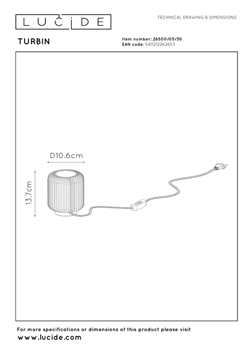Lucide TURBIN - Tischlampe - Ø 10,6 cm - LED - 1x5W 3000K - Schwarz - technisch